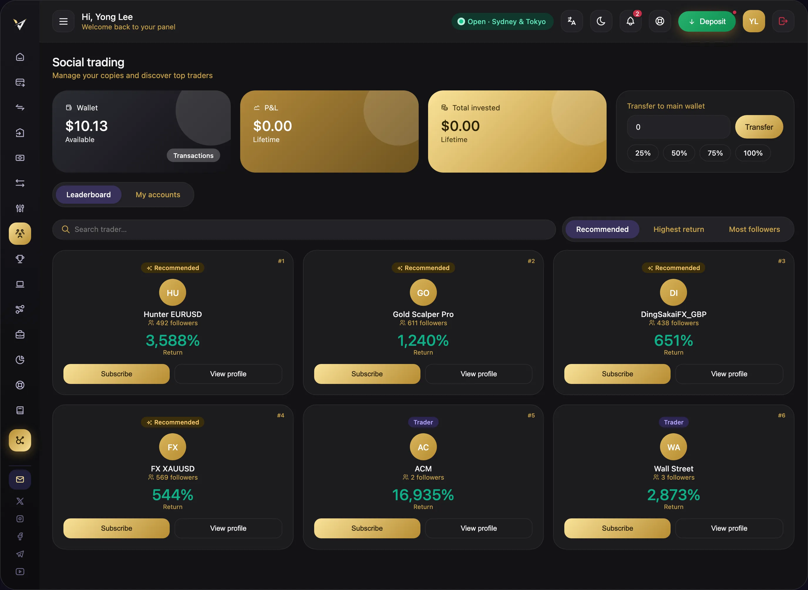 VexPro Social Trading dashboard with the trader leaderboard
