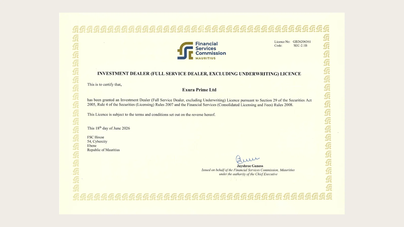 Exura Prime obtains FSC regulation in Mauritius
